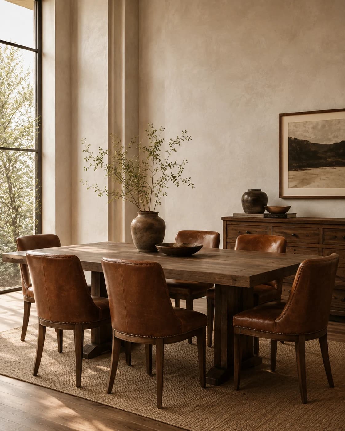 Mesa de comedor de madera maciza con sillas de cuero, bañada de luz natural
