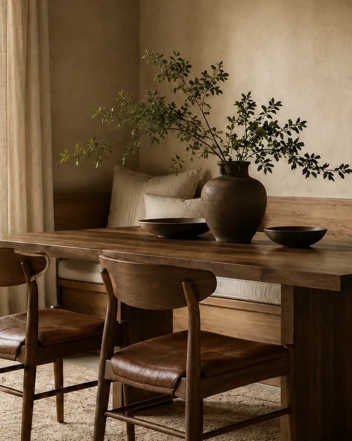 Rincón de comedor con mesa de madera, sillas y ramas de olivo