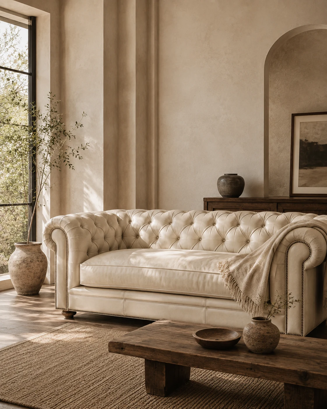 Sofá chesterfield capitoné en una sala de muros de yeso, con mesa baja de madera
