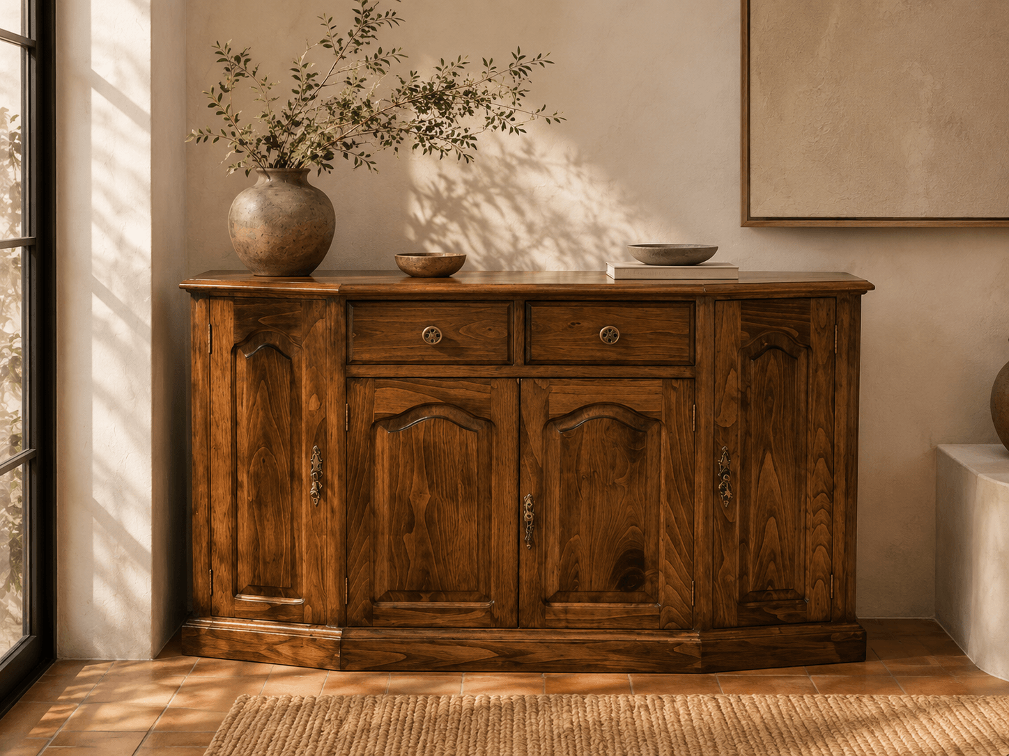 Aparador de madera maciza con puertas de marco y peinazo y tiradores de bronce, con la luz cruzada sobre la veta